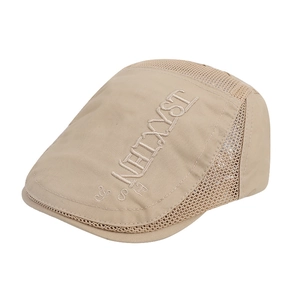 Beige mesh beret hat with NEWYST embroidery and breathable sunshade flat cap design