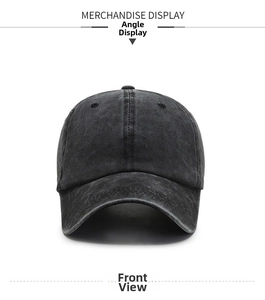 Front view of washed denim baseball cap in dark grey with a classic six-panel structure