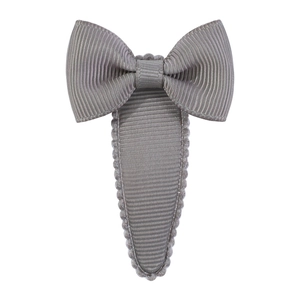 Detail view of the gray grosgrain ribbon bow with a fabric covered snap hair clip