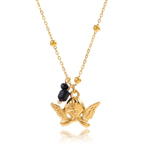 Collana con ciondolo angelo dorato e perle nere sfaccettate su catena a sfere