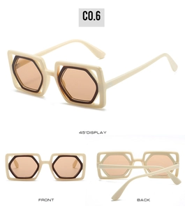 Detailed views of square bicolor sunglasses in beige and brown with hollow frame design