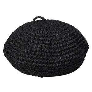 Chic black woven straw beret for women, minimalist summer sun hat with top ring detail