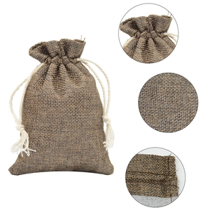 Brown linen drawstring pouch for jewelry with detailed texture and stitching views