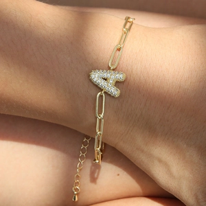 18k gold-plated paperclip chain bracelet with a sparkling crystal-set letter A pendant