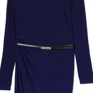 Navy blue pleated dress with a slim black faux leather belt and gold metal buckle detail
