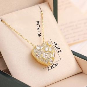 Gold plated heart pendant necklace with cubic zirconia stones, size 2.2cm by 2.2cm