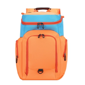 Orange and light blue large capacity basketball backpack with multi-layer storage compartments