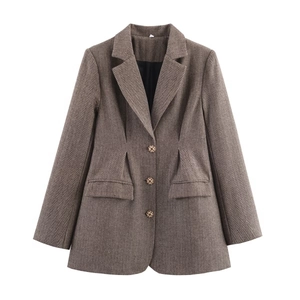 Women's brown herringbone wool blazer with three buttons and waist-defining fit