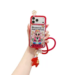 New Year red iPhone case with Caishen god graphics and leather horse charm strap