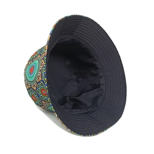 Reversible bucket hat with vintage colorful mandala print and black lining for travel