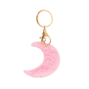 Pink plush crescent moon keychain with golden hardware on white background