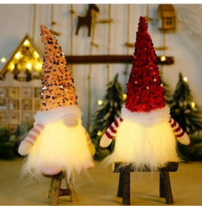Close-up of glowing Christmas gnomes with sequin hats and long faux fur beards
