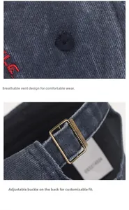 Détail d'une casquette en coton délavé avec boucle en métal et œillets d'aération