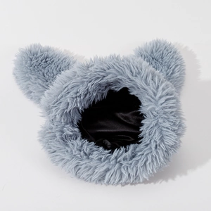 Cute gray plush bucket hat with bunny ears featuring soft faux fur and black satin lining