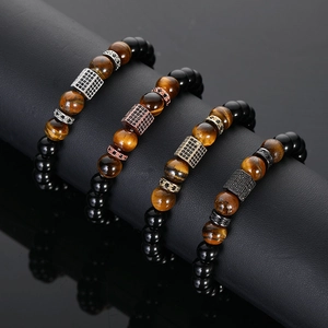 Men Beaded Bracelet Natural Tiger Eye Stone Matte Black Agate Beads Micro Pave Cubic Zirconia Charm Elastic Stretch