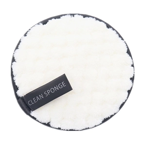 White microfiber clean sponge with black edge and brand label for makeup removal