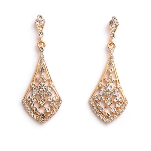 Detailed close-up of rhinestone geometric drop earrings with gold-plated hollow structure