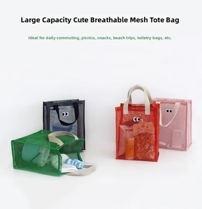 Mesh beach bags in four colors featuring iconic cartoon eye patches and fabric handles