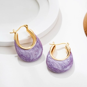 U-shaped gold stainless steel earrings with purple marble enamel pattern for women