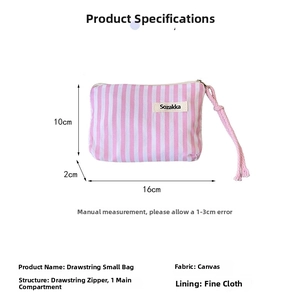 Pink striped canvas pouch with dimensions 16x10x2cm showing detailed zipper tie and size
