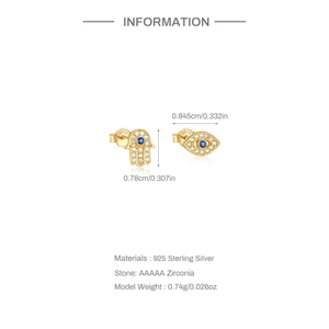Detailed spec sheet showing S925 sterling silver evil eye and Hamsa hand stud dimensions