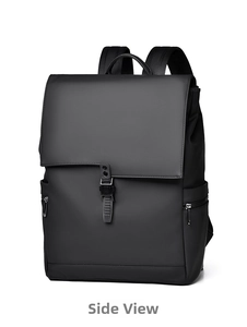 Side view of black water-resistant business backpack with buckle closure and side zippers