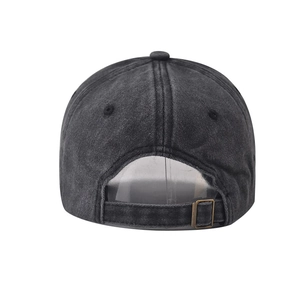 Rear view of washed gray baseball cap featuring adjustable metal buckle and six-panel crown