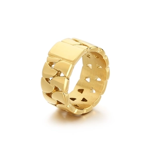Men's 18k gold plated stainless steel Cuban chain ring with a polished flat top surface