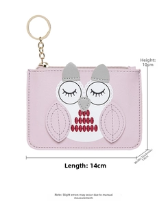 Pink owl coin purse with zipper and metal keychain, size 14x10x1.8cm detailed view