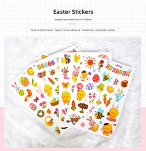 Close-up of Easter stickers with cute cartoon rabbits, colorful eggs and floral patterns