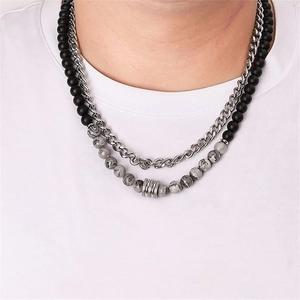 Men's double-layered necklace featuring silver Cuban chain and map stone beaded strand