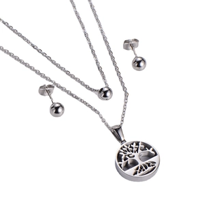 Double-layered stainless steel necklace with tree of life pendant and sphere stud earrings