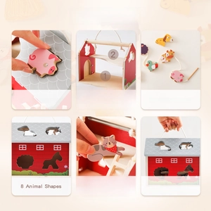 Funny Barn wooden educational toy featuring shape sorting and threading games for kids
