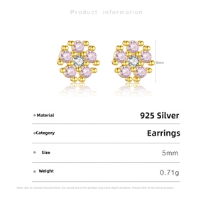 Detail view of S925 sterling silver flower stud earrings with 5mm size and 0.71g weight