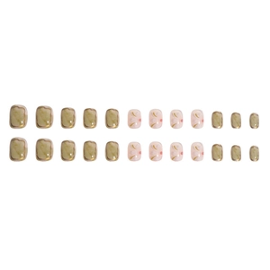 Short square press-on nails with amber marble green and light pink camellia floral design