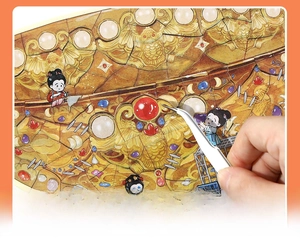Macro detail of Chinese vintage PET stickers with gold clouds and tweezers for DIY craft