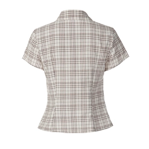 Rear view of women's short sleeve plaid shirt in brown and beige checkered fabric