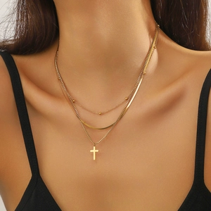 Three-layer gold stainless steel necklace with bead chain, snake chain and cross pendant