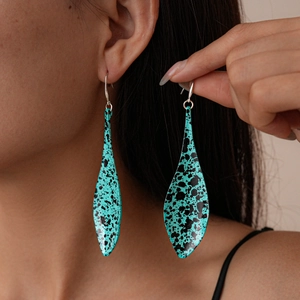 Vintage Bohemian Teardrop Leaf Drop Earrings For Women Painted Turquoise Teal Black Spotted Copper Iron Jewelry