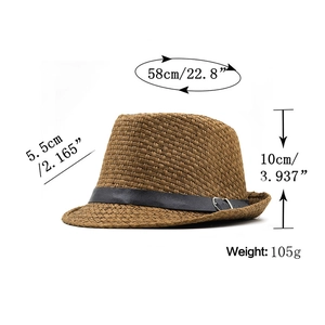 Brown straw jazz hat with black band and detailed size measurements on white background