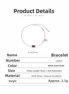 Detail view of S925 silver bracelet featuring a purple rectangular amethyst and heart charm