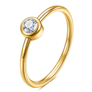 Minimalist 18K gold stainless steel ring with 2mm round zircon on a white background