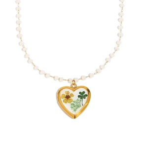 Gold-plated stainless steel heart locket necklace with dried flowers and white beads