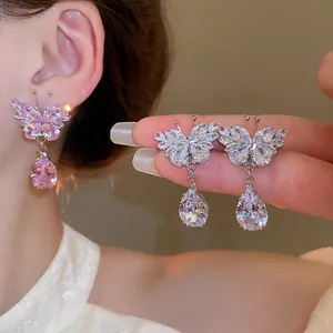 Elegant zircon butterfly teardrop tassel earrings in pink and white crystal options