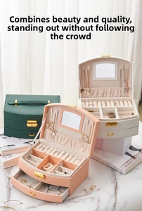 Multi-layer jewelry box with mirror and drawers in green, white and pink finishes