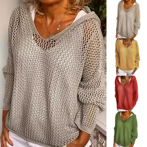 Damen Strickpullover Mit Kapuze Und Hohlsaum Lockerer V-Ausschnitt Langarm Häkeloberteil Streetwear Lässig