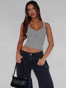 Detail of grey ribbed slim fit tank top with low U-neckline and button decorations