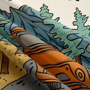 Vue détaillée du motif de forêt de montagne sur le tissu de la tapisserie de camping