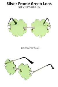 Close-up of St. Patrick's Day green clover sunglasses with silver metal frames
