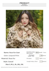 Detail view of leopard print faux fur coat material and care instruction parameters